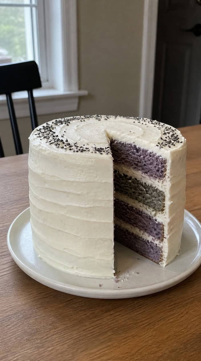 A layered lavender and cream cake topped with smooth white frosting and decorated with lavender sprigs on a bright table.