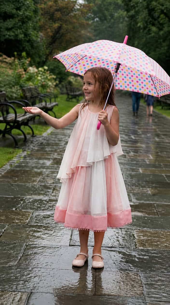 A young girl smiling outdoors in the rain, holding an umbrella and wearing a layered dress.