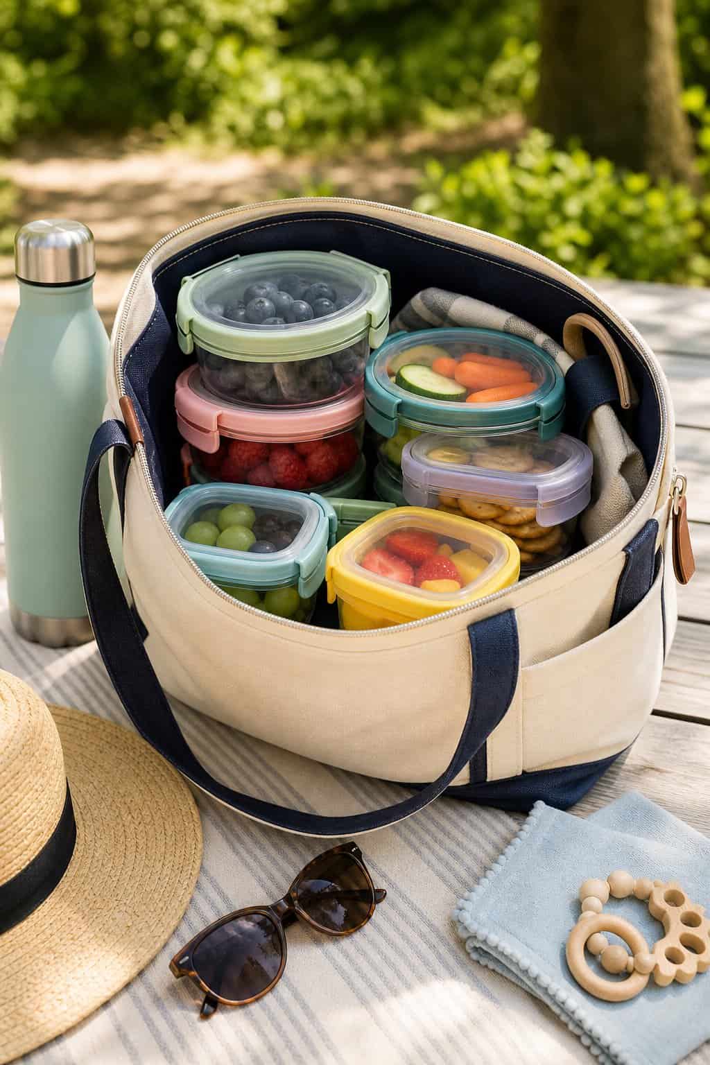 Colorful leakproof snack containers filled with sliced fruit and crackers arranged in an open tote bag set on an outdoor surface.