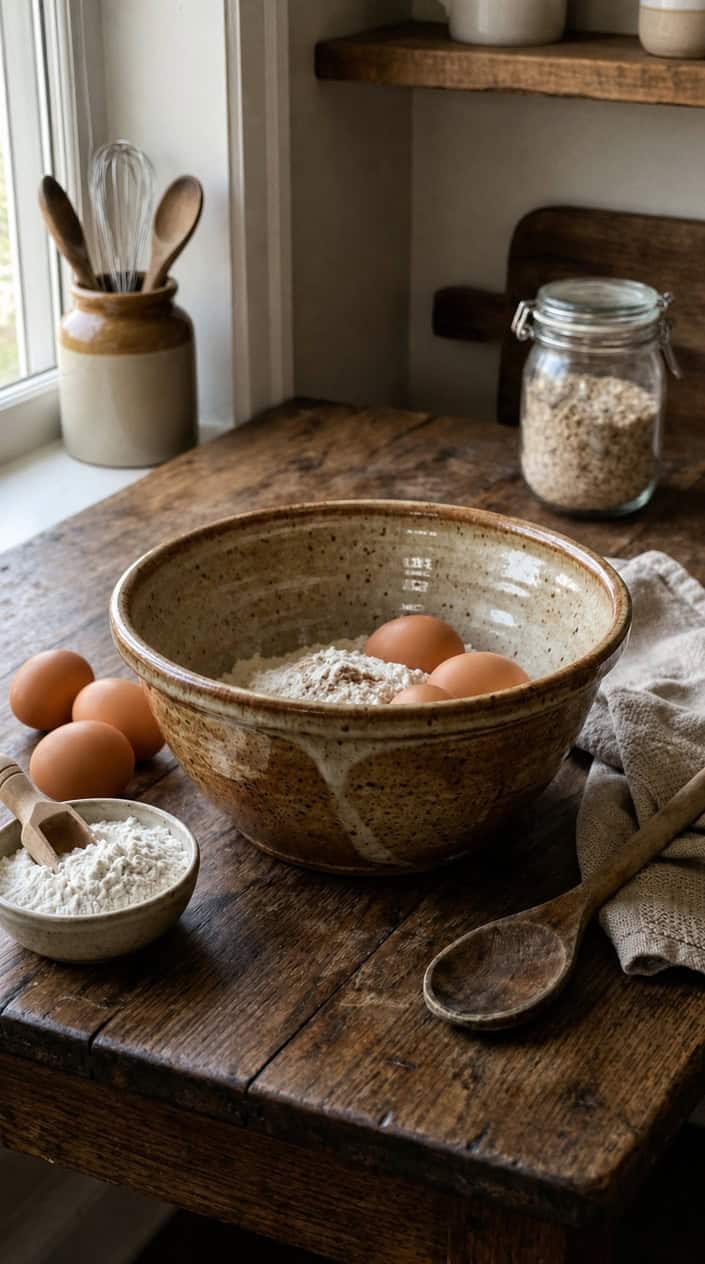 A glazed pottery mixing bowl on a wooden table with eggs, flour, and a wooden spoon in a kitchen setting.