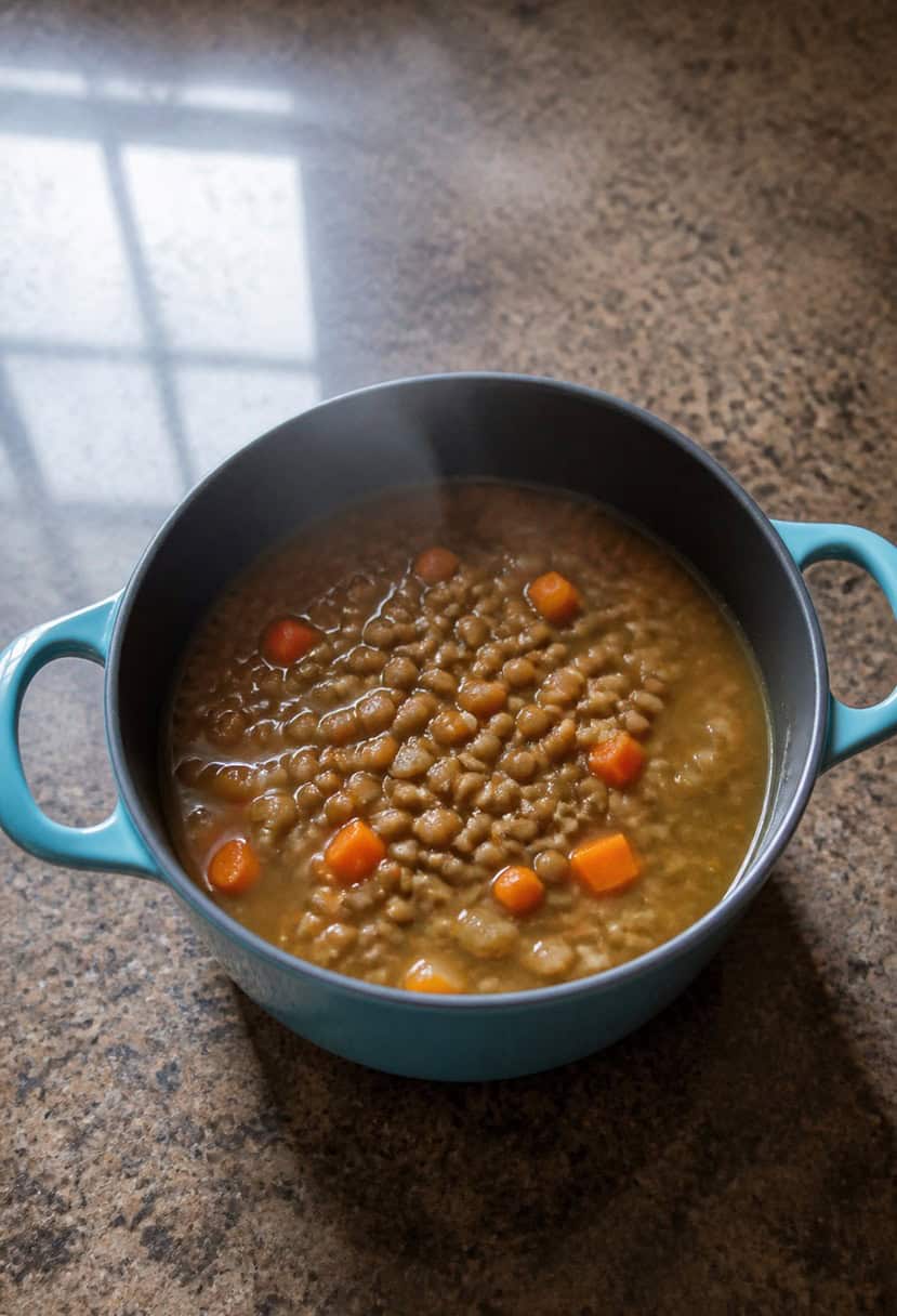 A steaming pot of lentil soup surrounded by fresh vegetables and herbs on a rustic kitchen counter