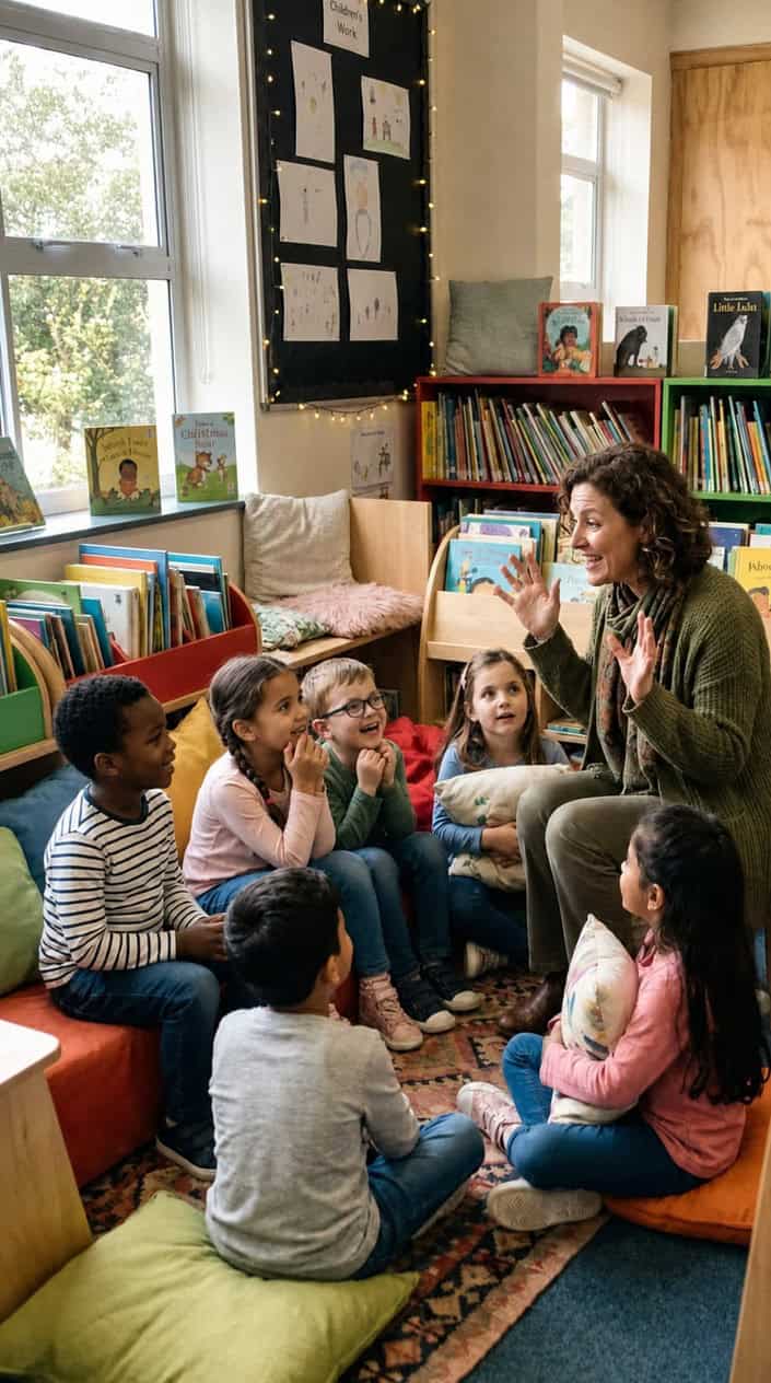 A group of children sitting attentively around an adult who is telling them a story in a bright, cozy reading area.