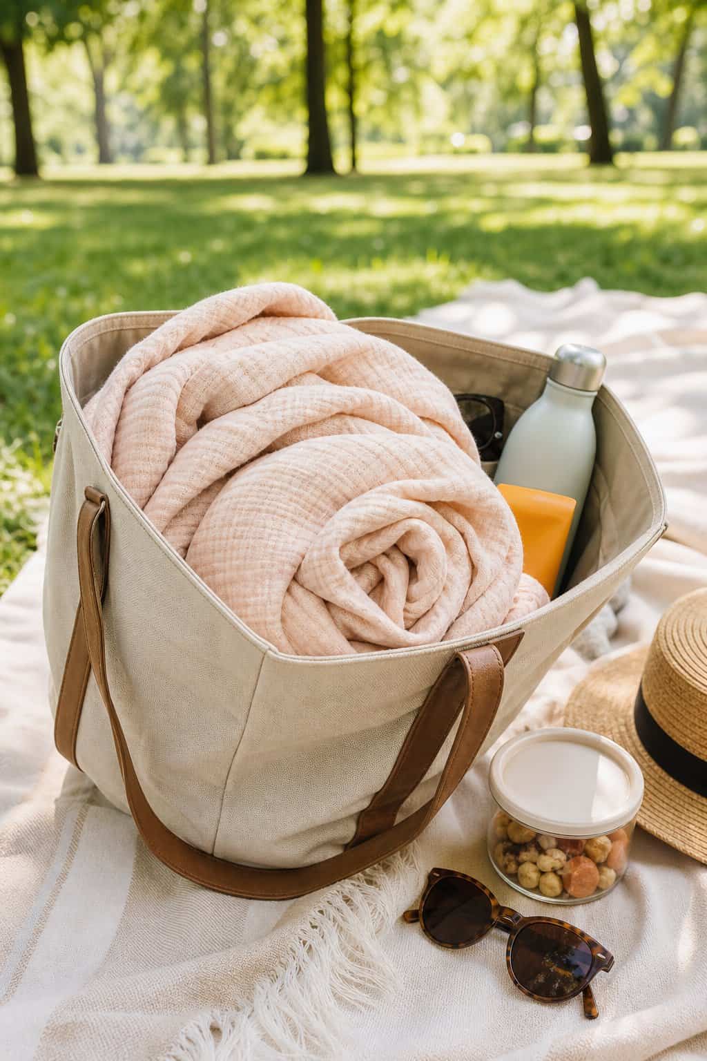 A soft lightweight muslin blanket in a gray geometric print folded neatly inside an open canvas tote bag on a sunny park lawn.