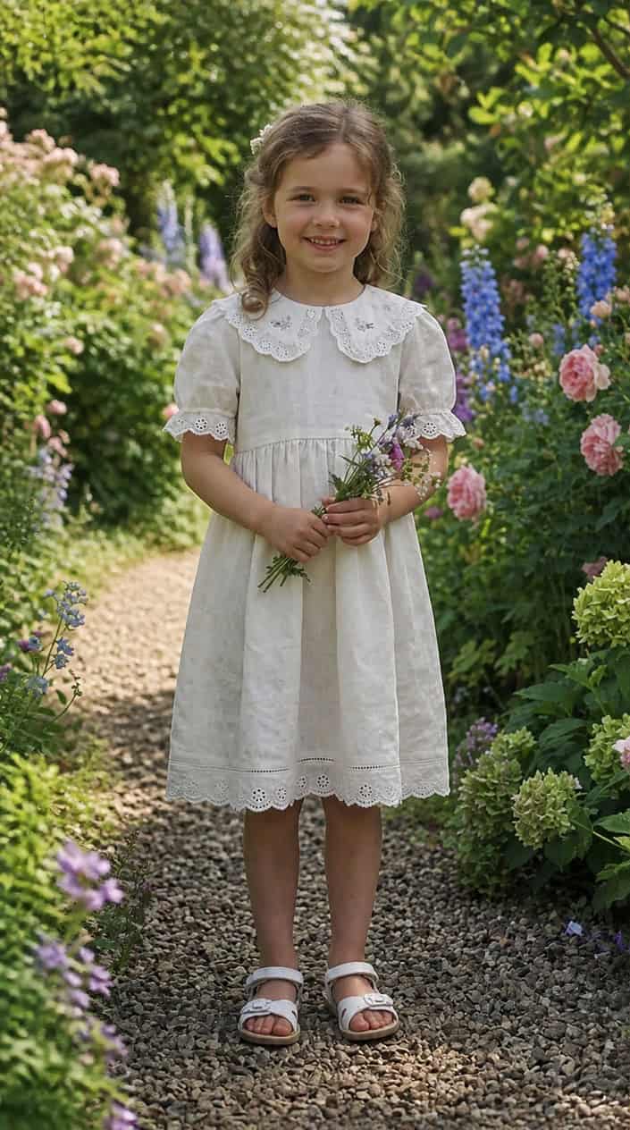 A young girl standing outdoors wearing a light-colored dress with a rounded collar and decorative trim, smiling softly with a blurred garden background.