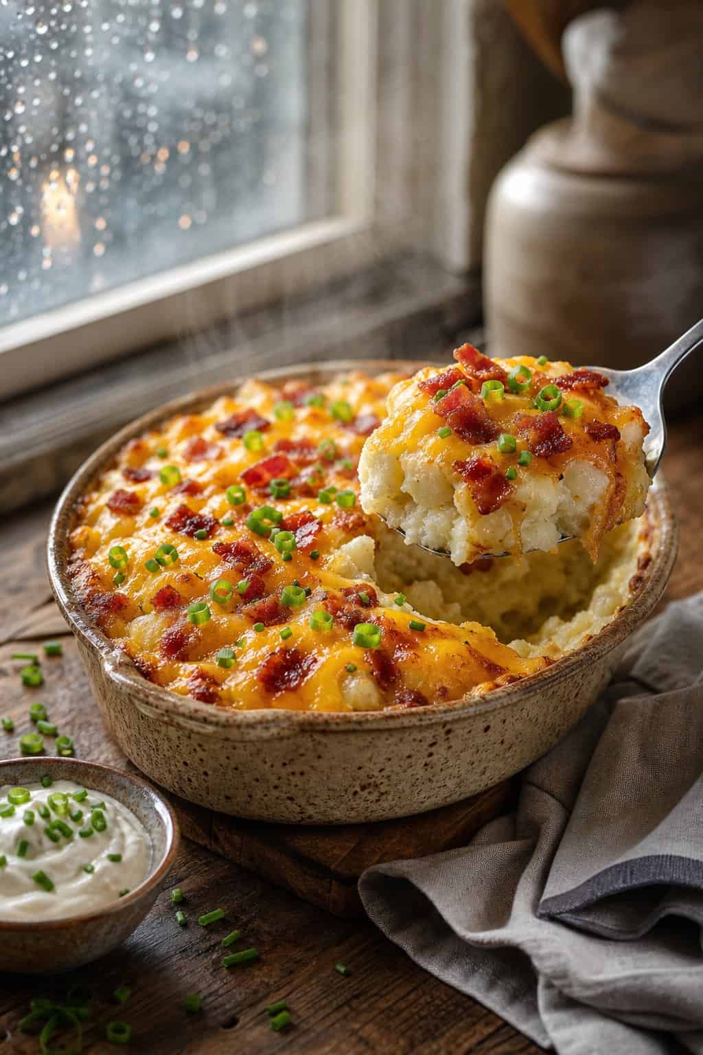 A hot baked potato casserole with melted orange cheddar, scattered bacon crumbles, and sliced green onions in a white ceramic dish on a wooden table.