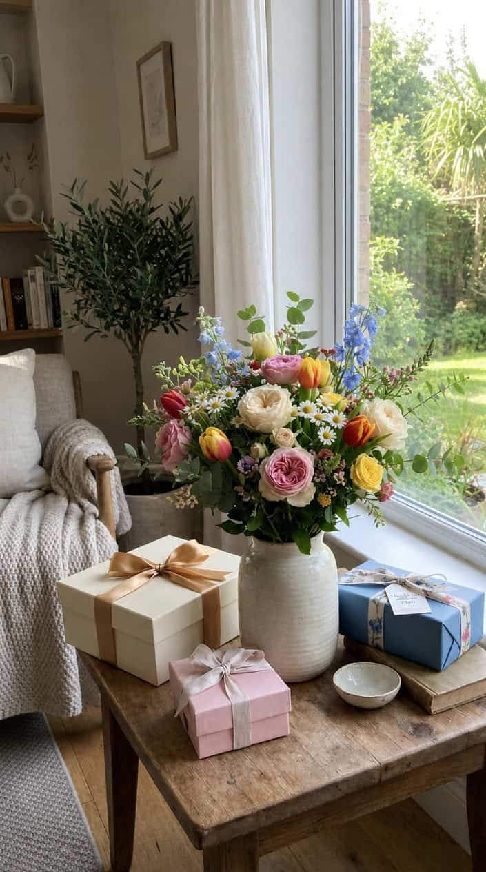 A fresh bouquet of colorful flowers in a vase on a wooden table near a window with gift boxes around it in a cozy living room.