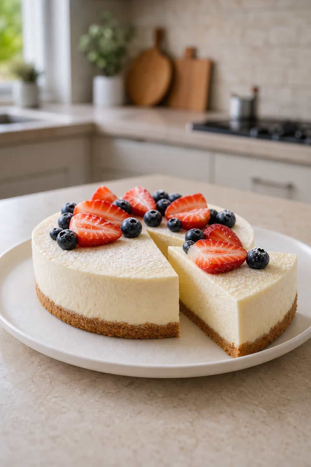 A creamy low-calorie cheesecake with a pale golden crust, scattered fresh berries on top, and one neat slice removed to show the smooth dense interior, all on a white cake plate.