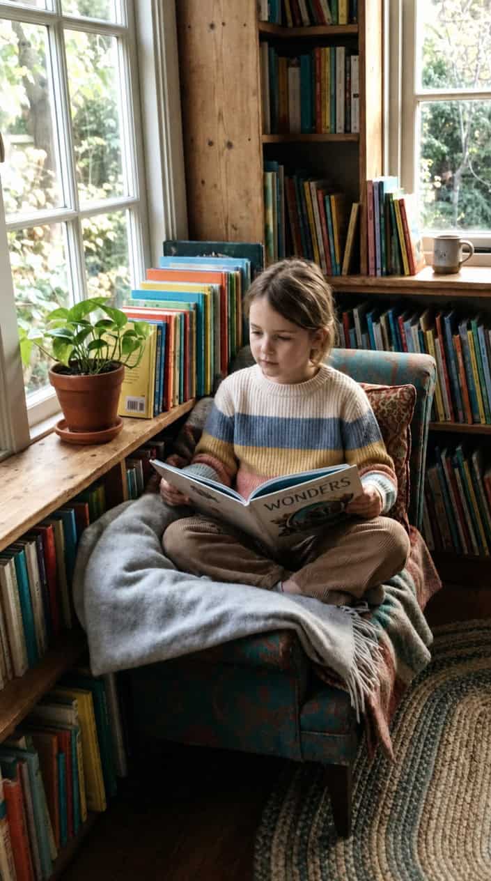 A young girl sitting quietly in a cozy reading nook, reading a book with a calm and thoughtful expression.