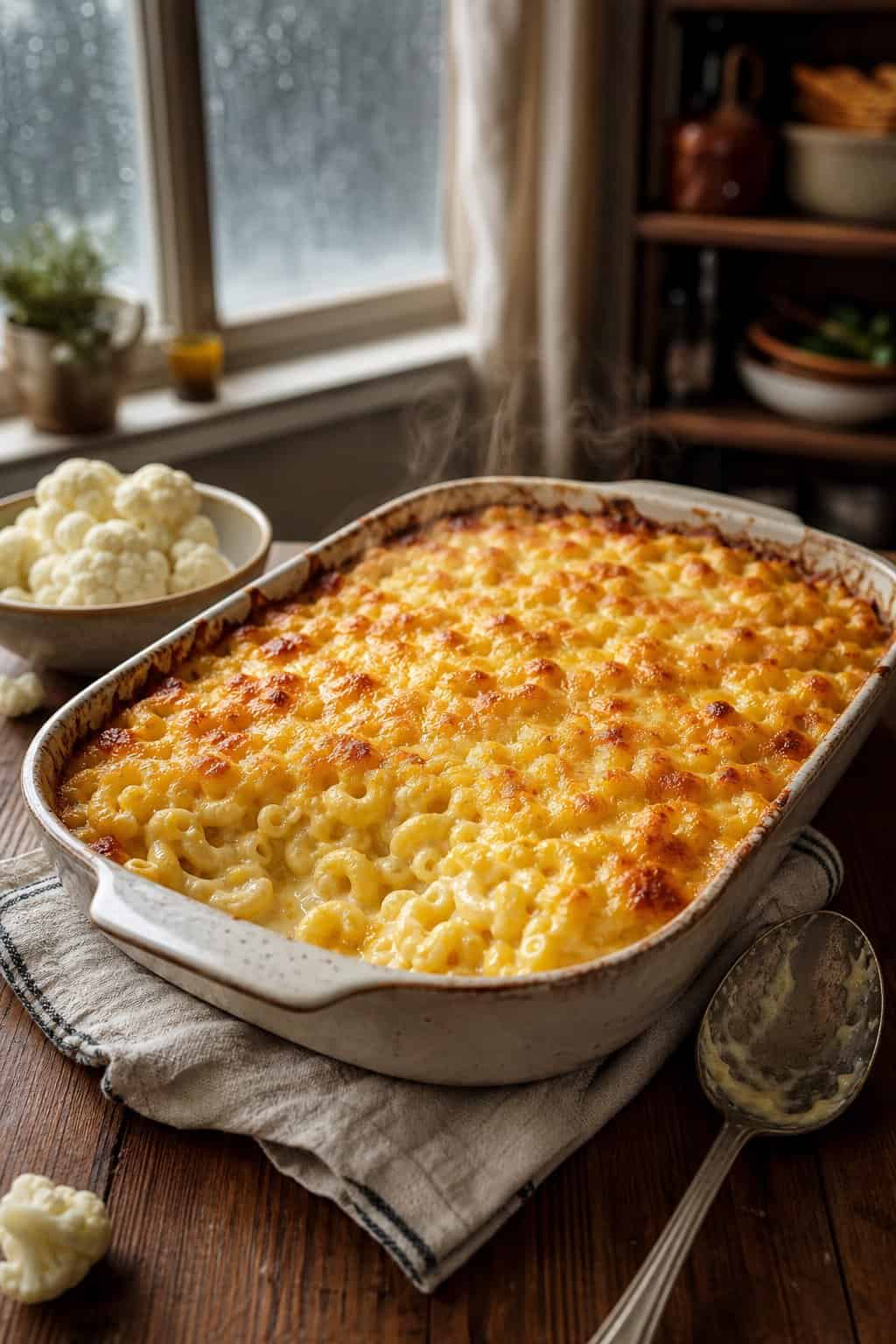 A warm casserole dish filled with creamy elbow macaroni in a thick pale orange cheddar sauce, topped with additional melted golden cheddar, bubbling at the edges.