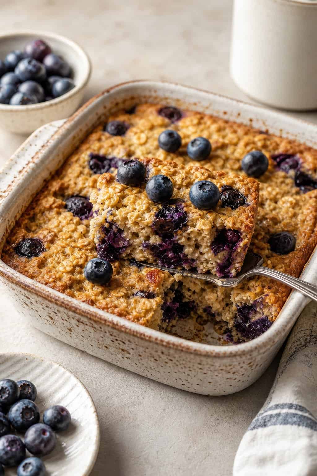 A square serving of blueberry baked oatmeal in a cream-colored ceramic dish, topped with fresh blueberries on a lightly golden surface.