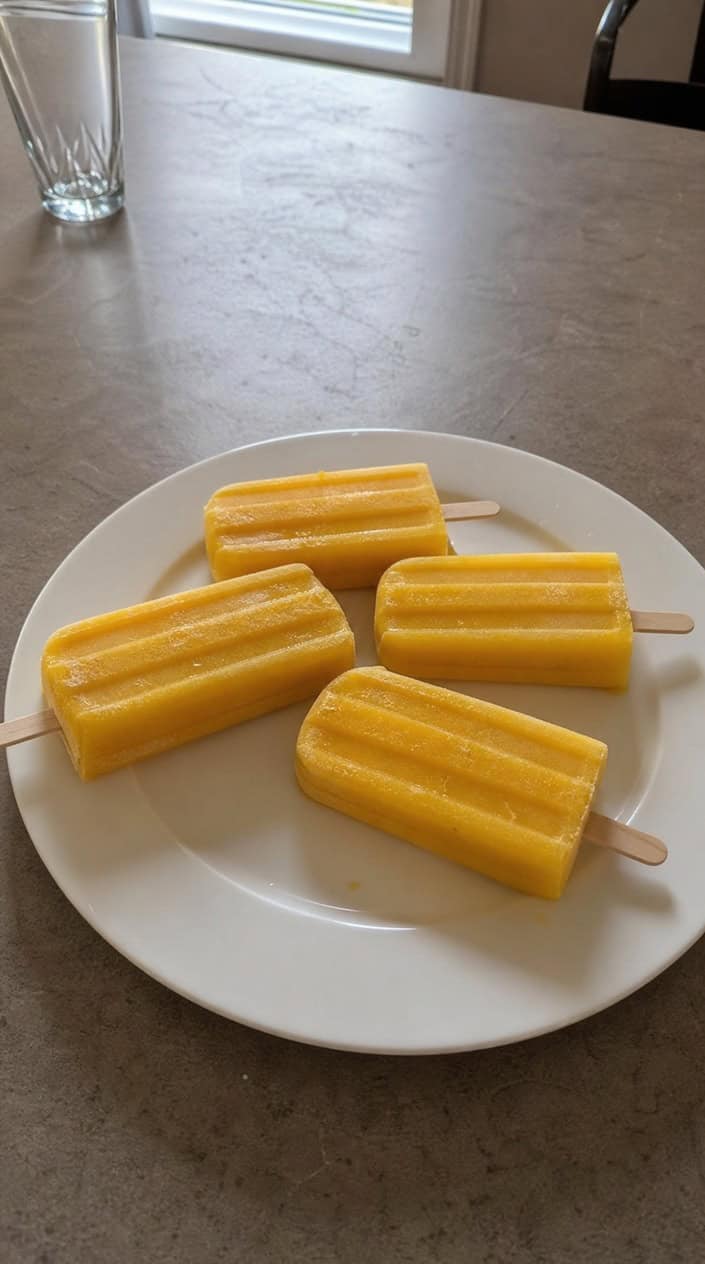 Bright yellow-orange popsicles on a worn wooden board surrounded by fresh mango slices, knobby turmeric roots, and a few tropical leaves.