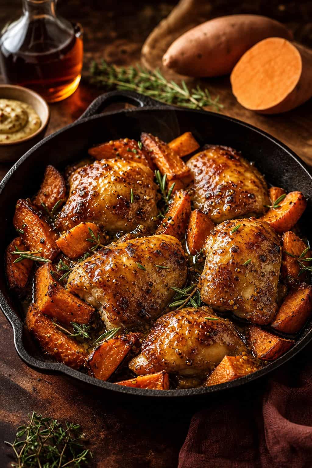 A rimmed sheet pan holding four glazed boneless chicken thighs surrounded by caramelized orange sweet potato cubes, all glistening with a sticky maple-Dijon coating.