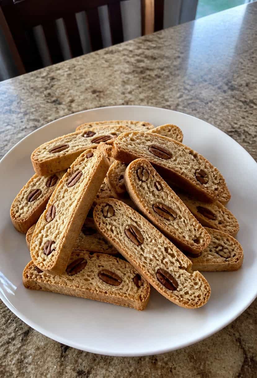 A festive spread of maple pecan biscotti arranged on a holiday-themed platter, surrounded by festive decorations and twinkling lights