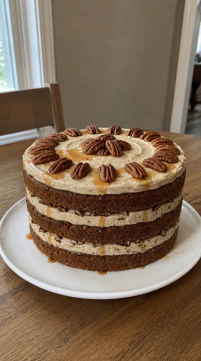 A layered maple pecan cake with brown butter frosting topped with toasted pecans on a white cake stand.