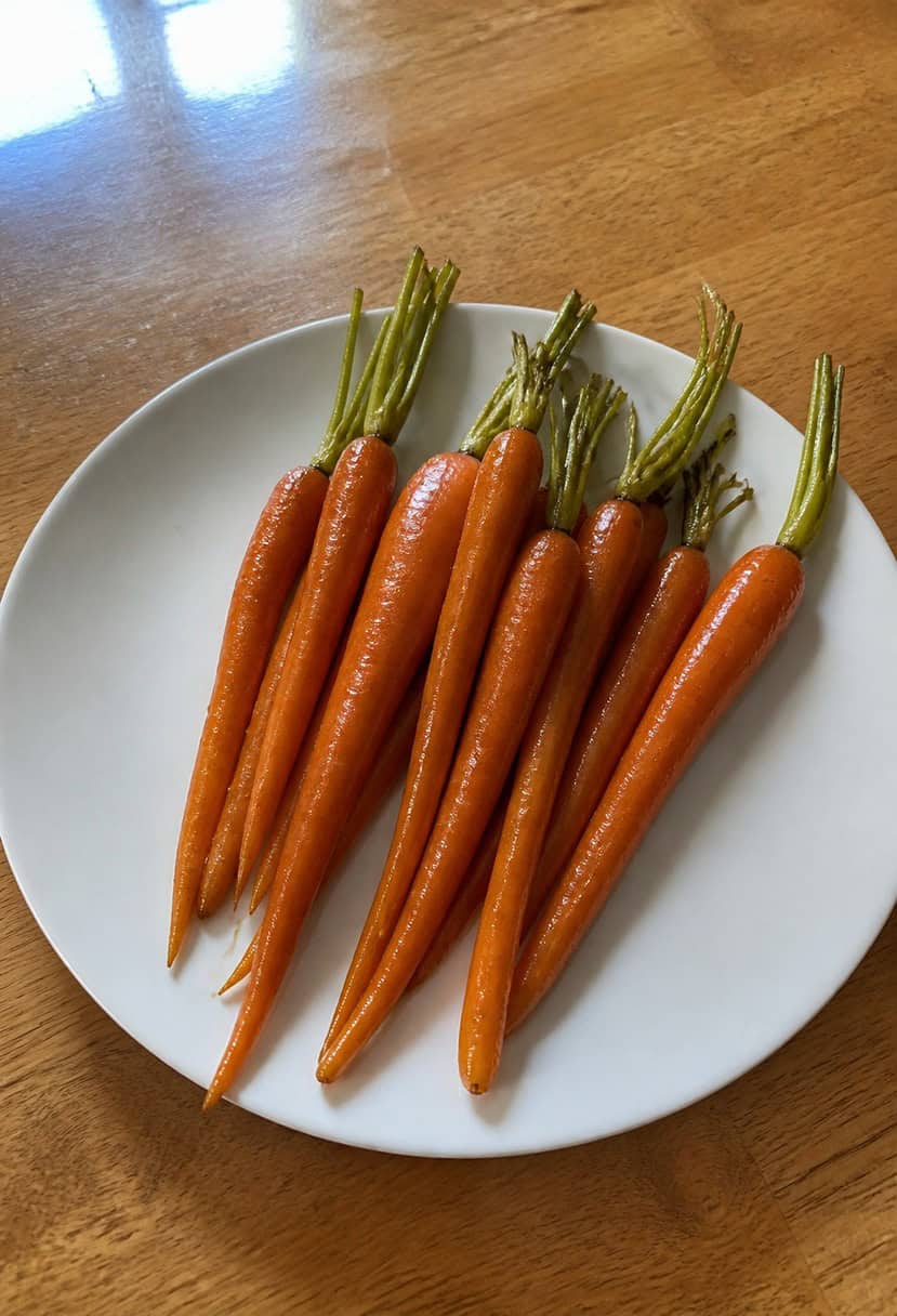 Maple-glazed carrots on a rustic wooden platter surrounded by fall foliage and seasonal decor