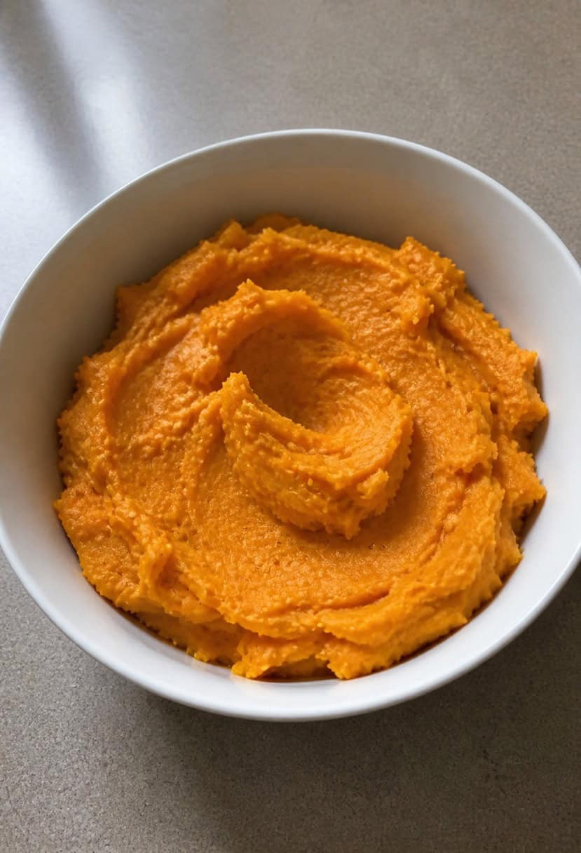 A rustic wooden table set with a bowl of creamy mashed sweet potatoes, garnished with a sprinkle of cinnamon and a sprig of fresh rosemary