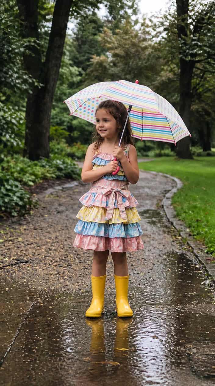 Little Girl Dress Styles for a Rainy Birthday Party 16 A young girl standing outside on a rainy day holding an umbrella, wearing a ruffled dress with a sash.