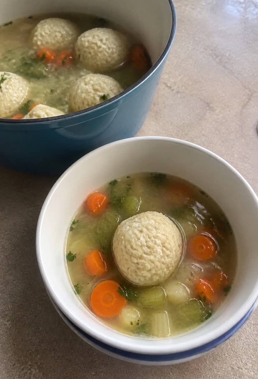 A steaming bowl of matzo ball soup surrounded by fresh herbs and vegetables on a rustic wooden table