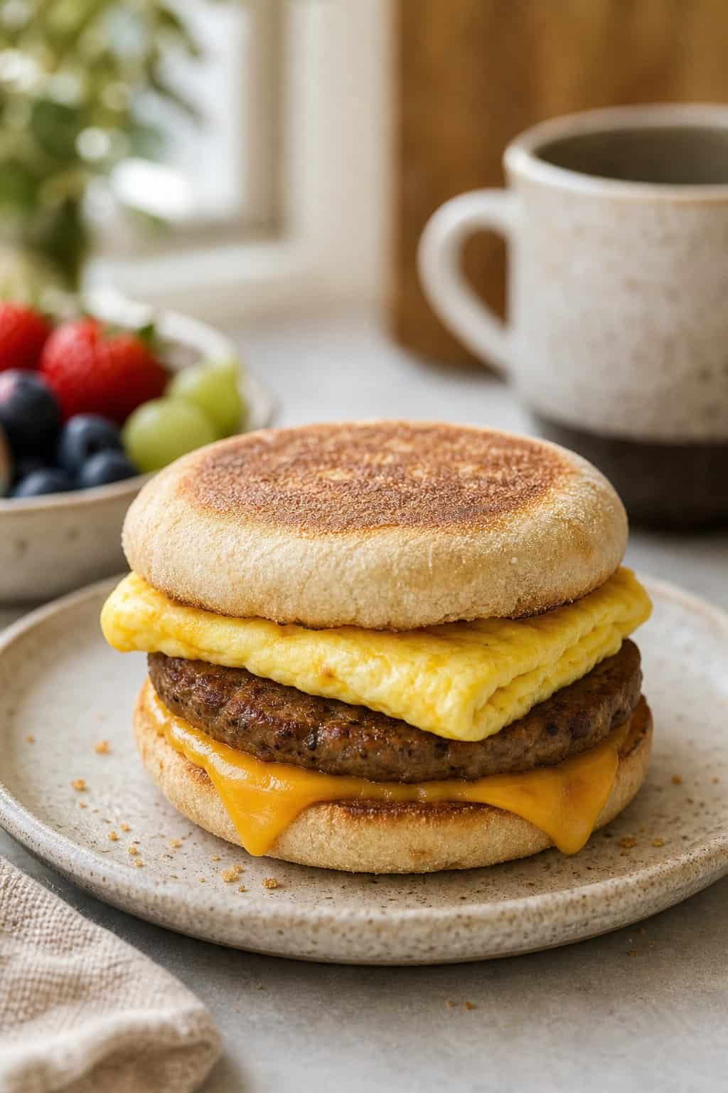A sausage, egg, and American cheese breakfast sandwich stacked on a toasted English muffin, served on a small white ceramic plate.