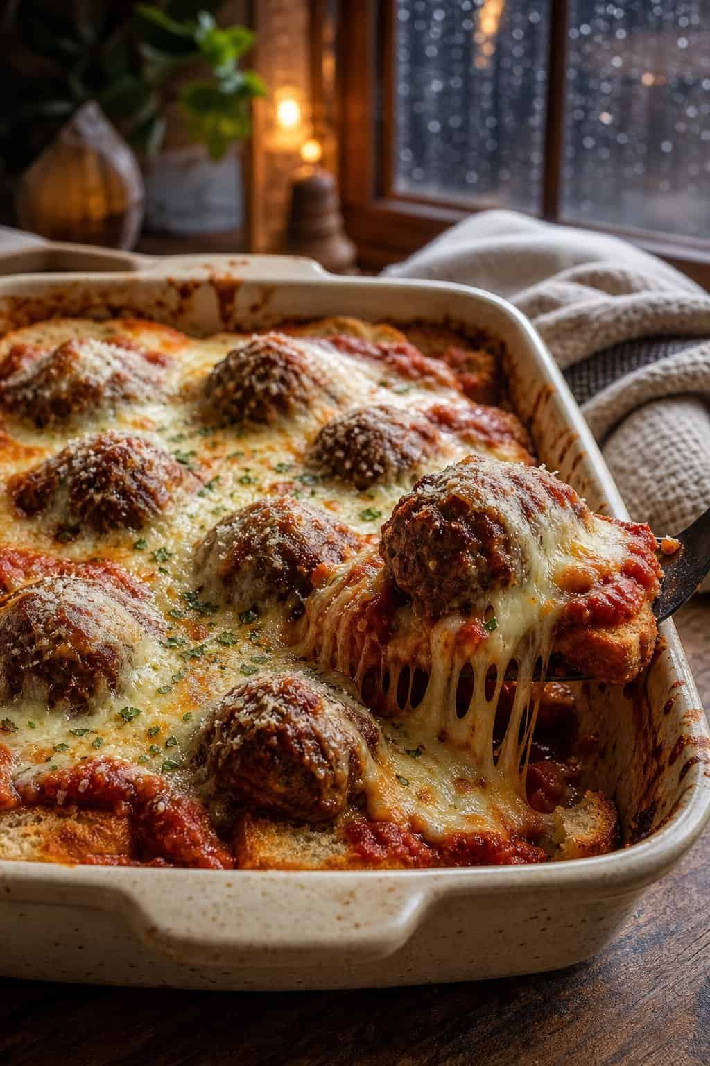 A bubbling meatball casserole with Italian bread cubes, saucy frozen meatballs, and a thick layer of melted mozzarella and Parmesan in a white ceramic baking dish on a kitchen table.
