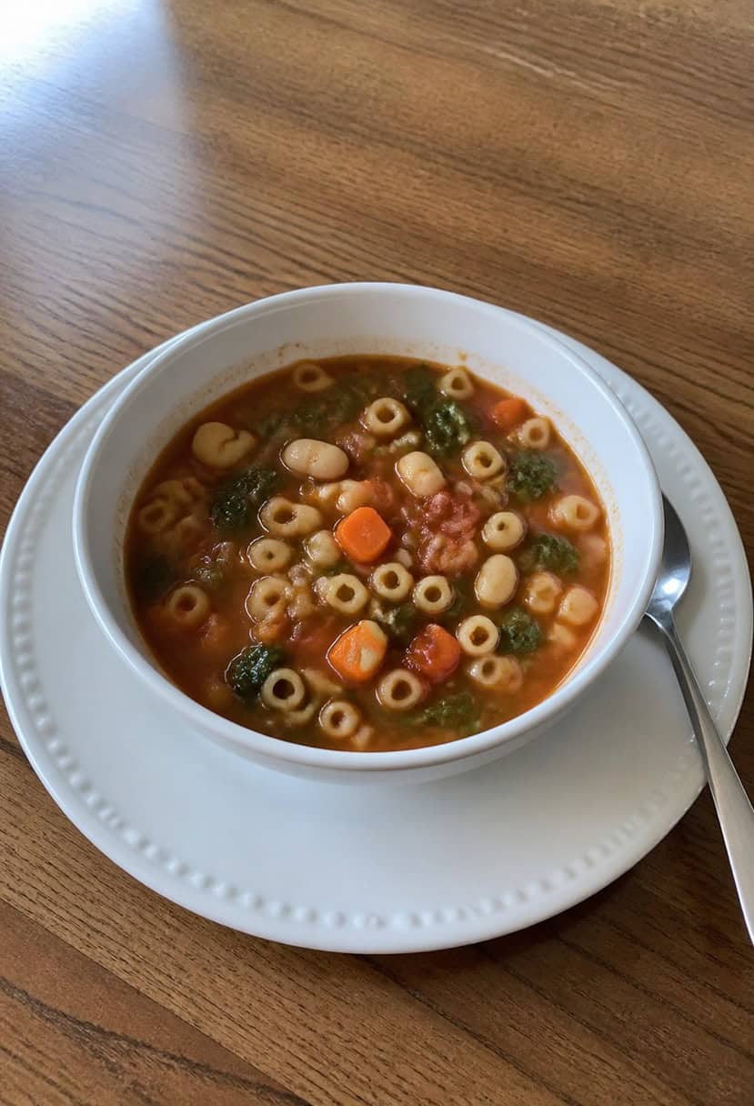 A steaming pot of minestrone soup surrounded by fresh vegetables and herbs