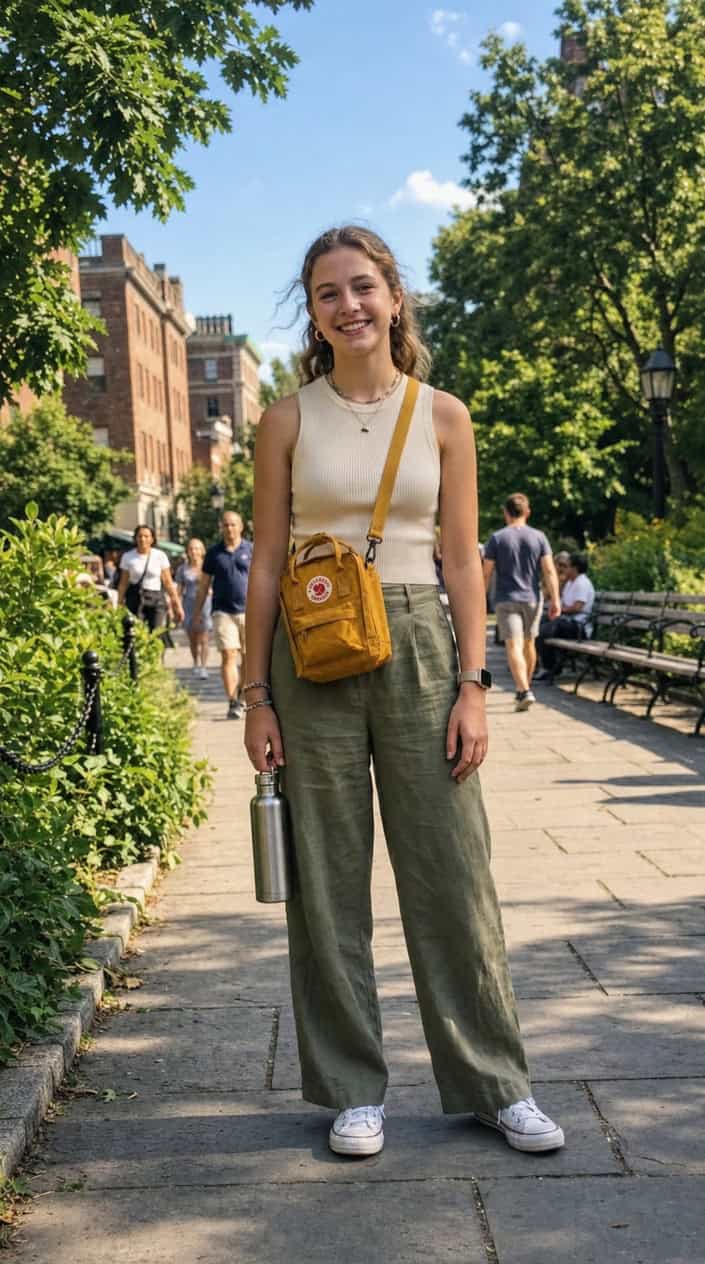 Teenage girl outdoors wearing a summer outfit and carrying a small crossbody bag.