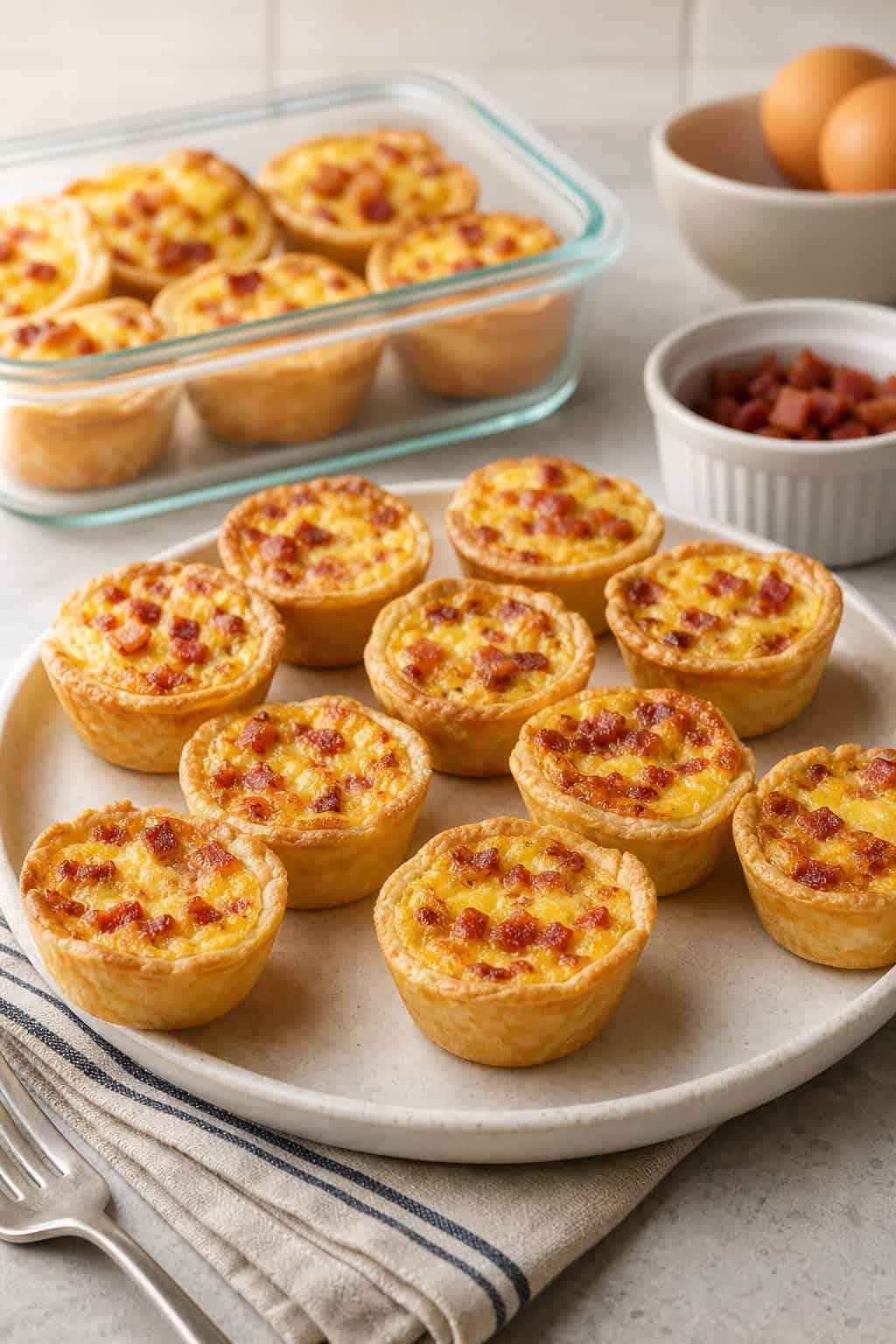 Mini quiche Lorraine cups with golden-brown tops arranged on a white ceramic serving platter, with a clear freezer-safe container of additional cups beside it.