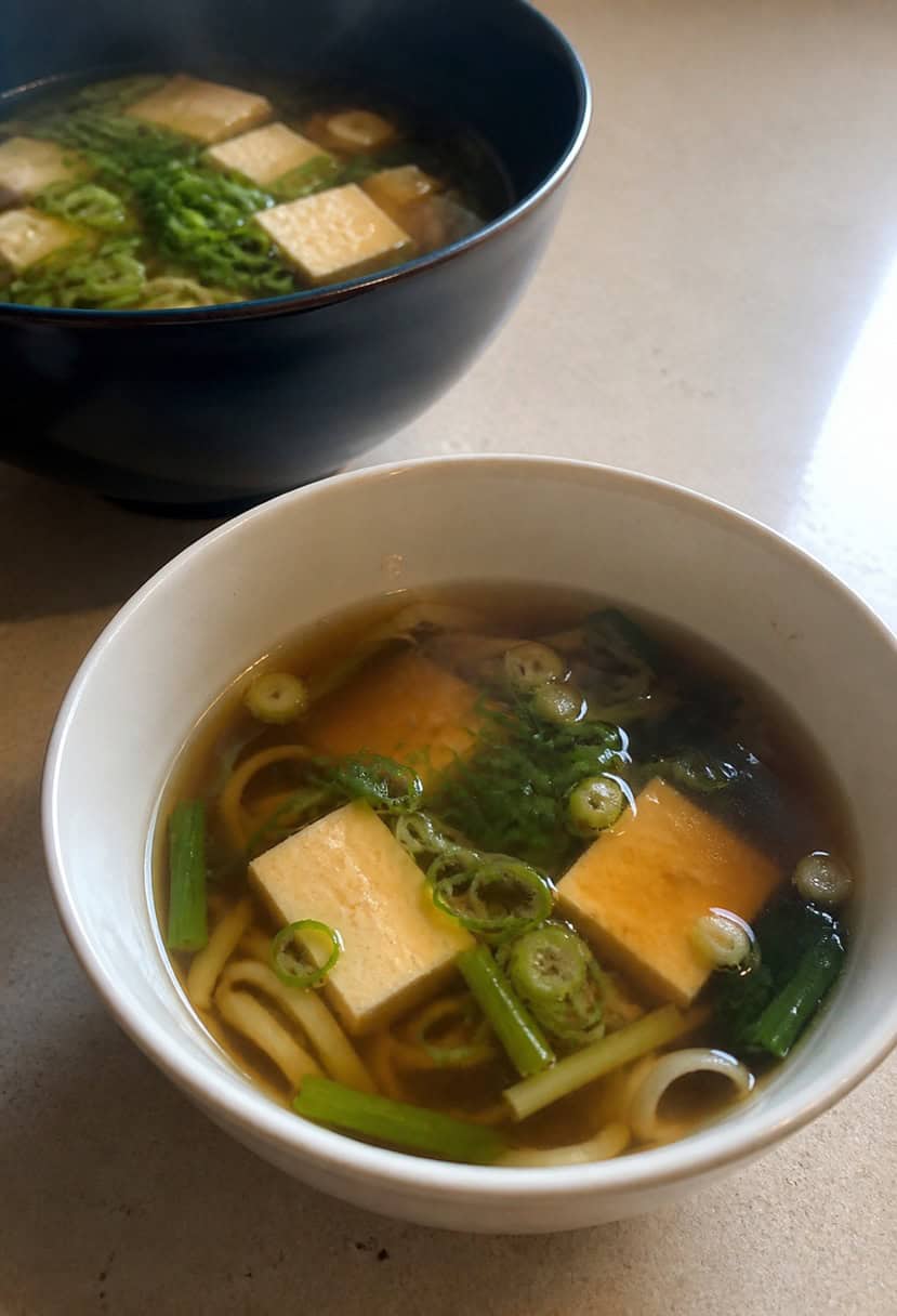 A steaming bowl of miso soup surrounded by chopsticks and a ceramic spoon on a wooden table