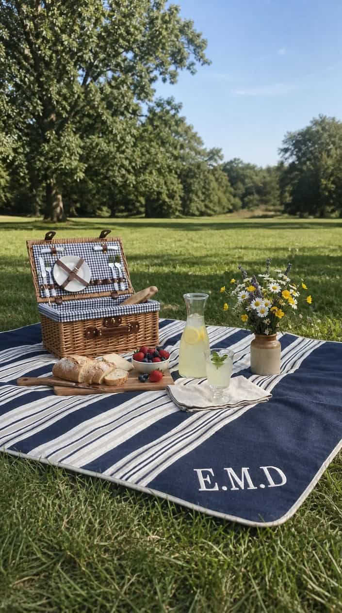 Thoughtful Gift Ideas for Mom 10 A monogrammed picnic blanket spread on grass with a picnic basket, fruit, lemonade, and flowers in a sunny park.