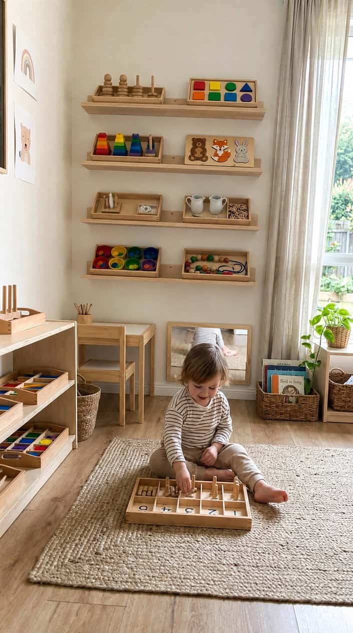 A low wooden shelf in a calm playroom holding four individual wooden trays, each set up with a single contained activity: a small puzzle, a sorting game, a sensory bin with sand tools, and a simple threading activity.