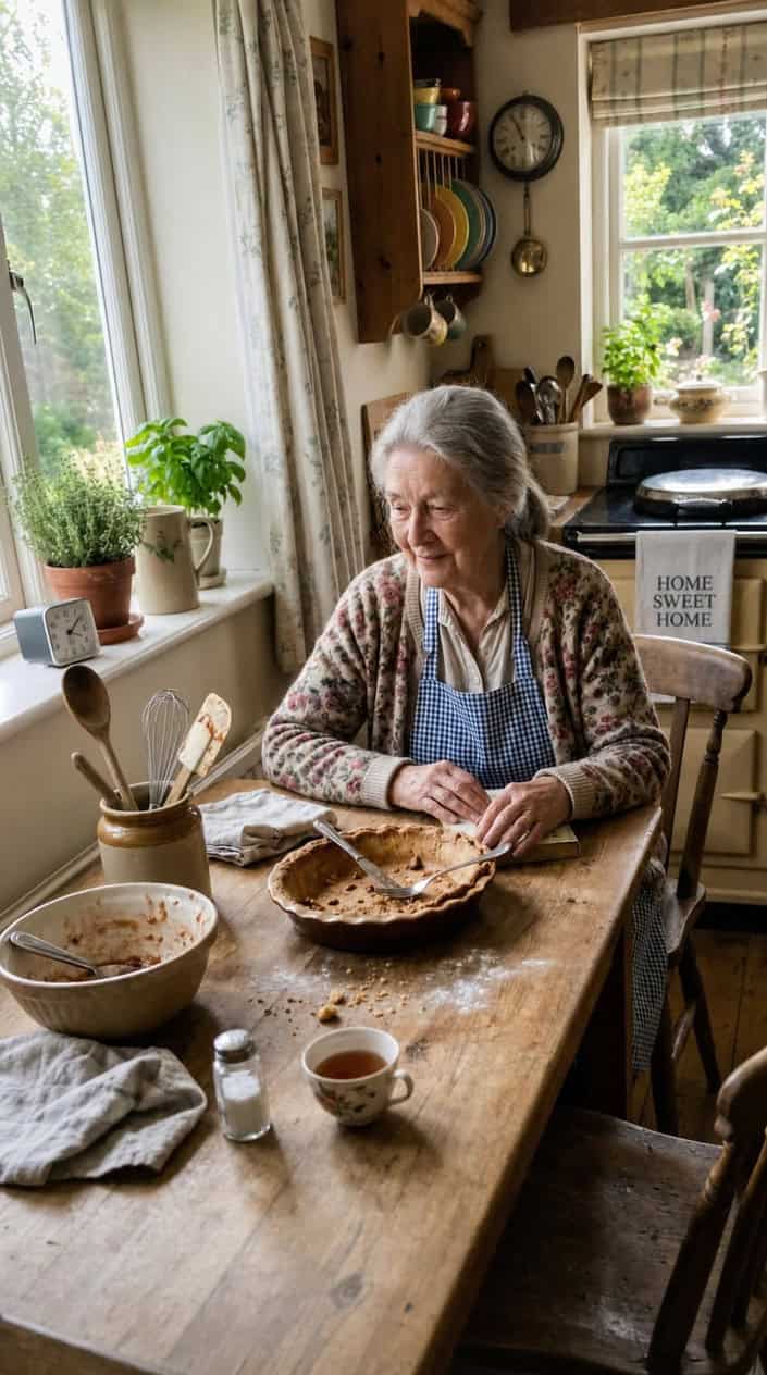 An elderly woman in a cozy kitchen looking thoughtfully at an empty pie dish on a wooden table with baking utensils nearby.