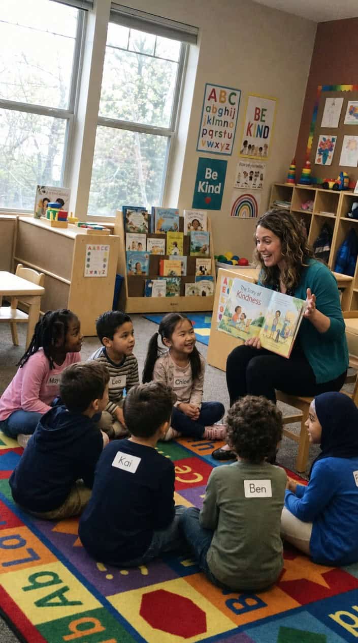 A teacher reading a storybook to a group of young children sitting on a carpet in a bright classroom.