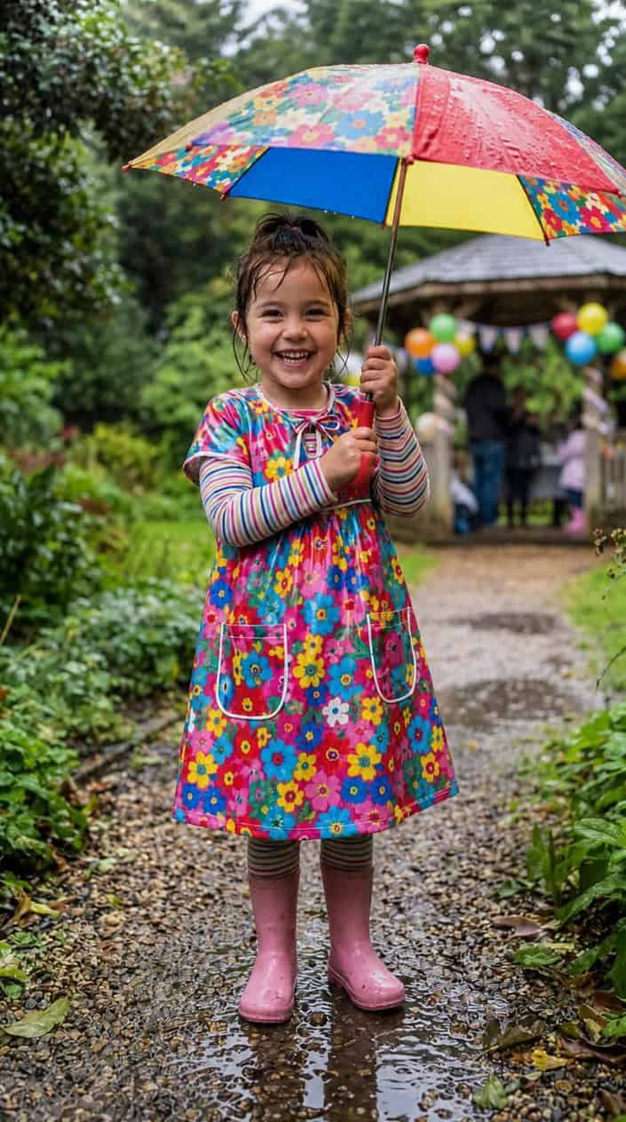 Little Girl Dress Styles for a Rainy Birthday Party 5 A young girl in a floral dress holding an umbrella outdoors on a rainy day, smiling happily.