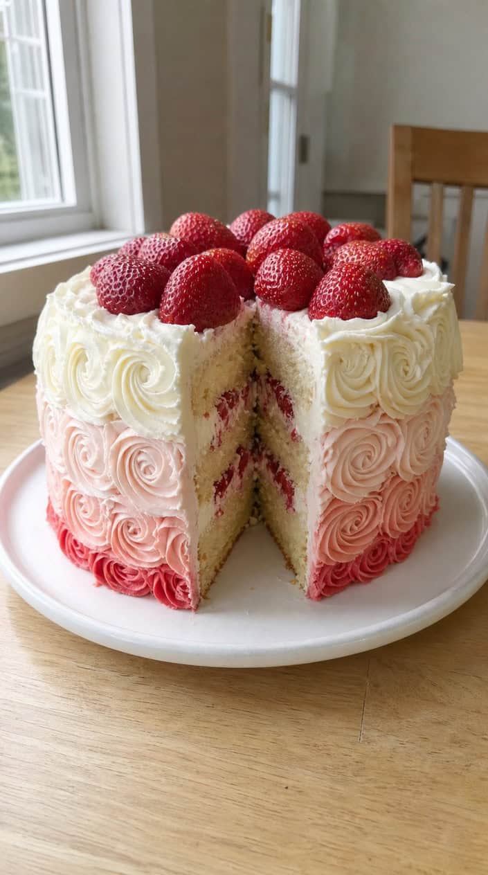 A pink and white ombre rosette strawberry shortcake decorated with fresh strawberries on a white cake stand.