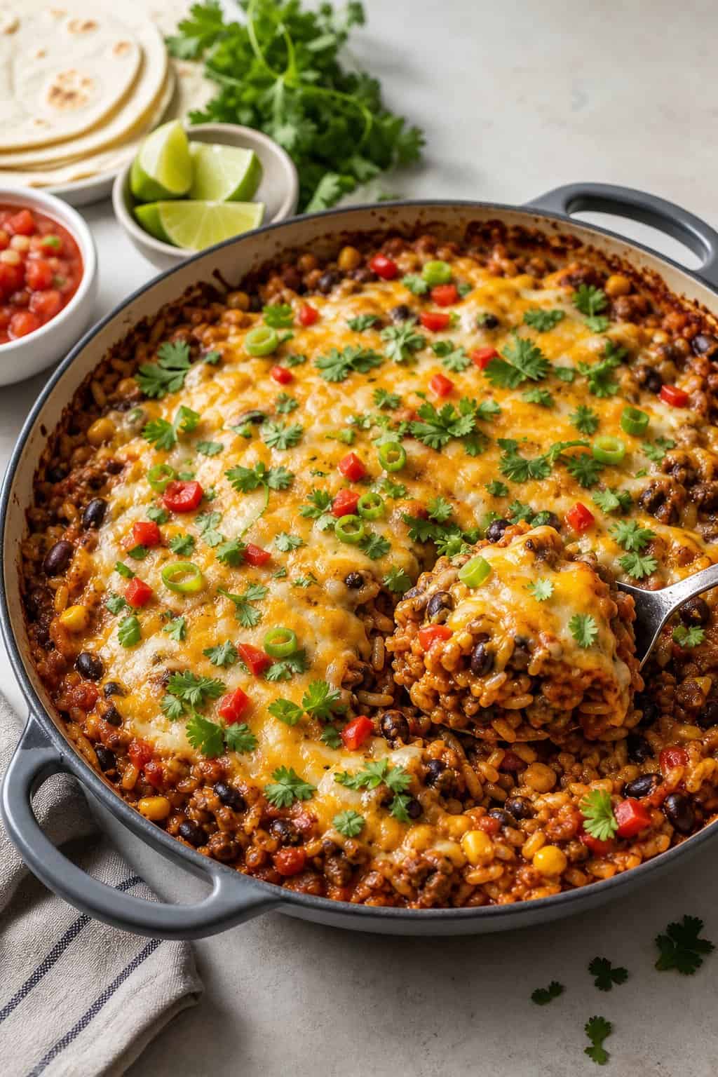 A bubbling oval baking dish of beef burrito bake with a golden melted cheddar top, bits of torn flour tortilla visible at the edges, and scattered fresh cilantro and lime wedges as garnish.