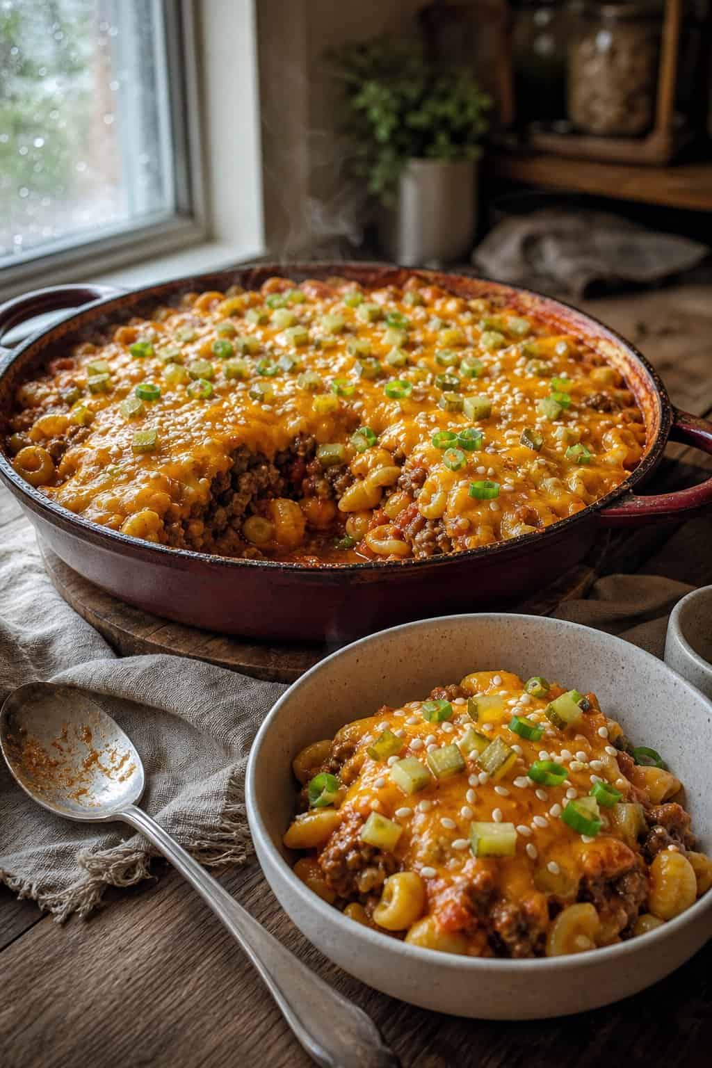 A skillet of cheesy ground beef and elbow macaroni casserole with a thick orange cheddar sauce, with a small serving bowl beside it on a cozy kitchen table.