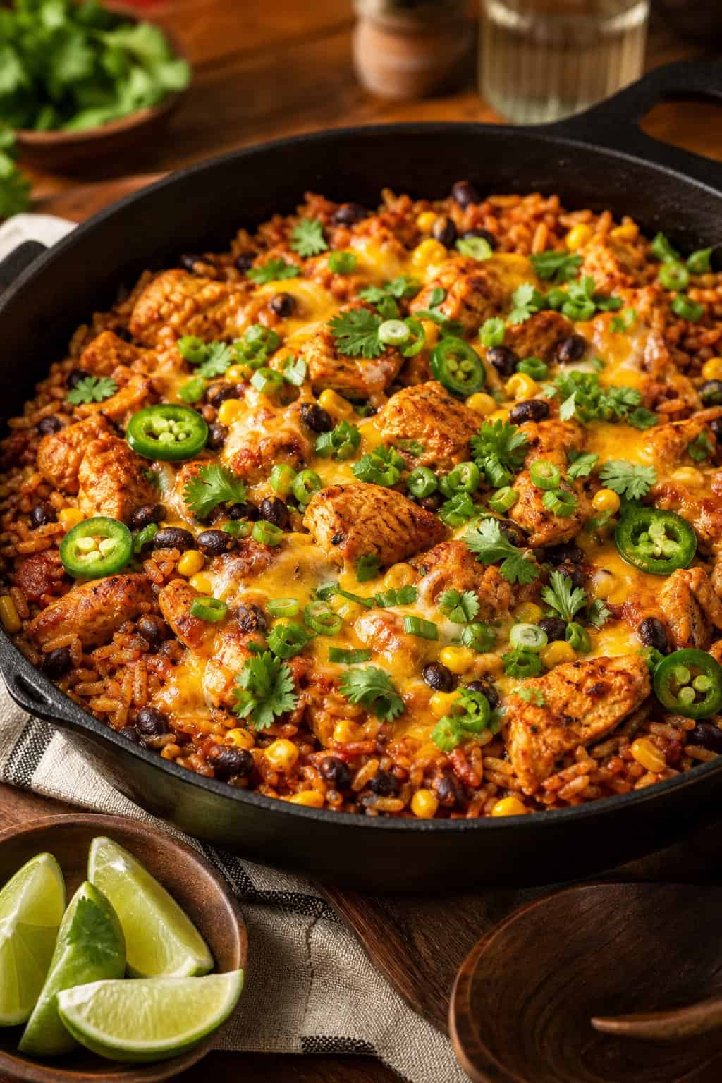 A 12-inch oven-safe skillet filled with cheesy chicken enchilada rice, visible black beans and corn kernels throughout, topped with melted orange cheddar and bright green chopped cilantro.