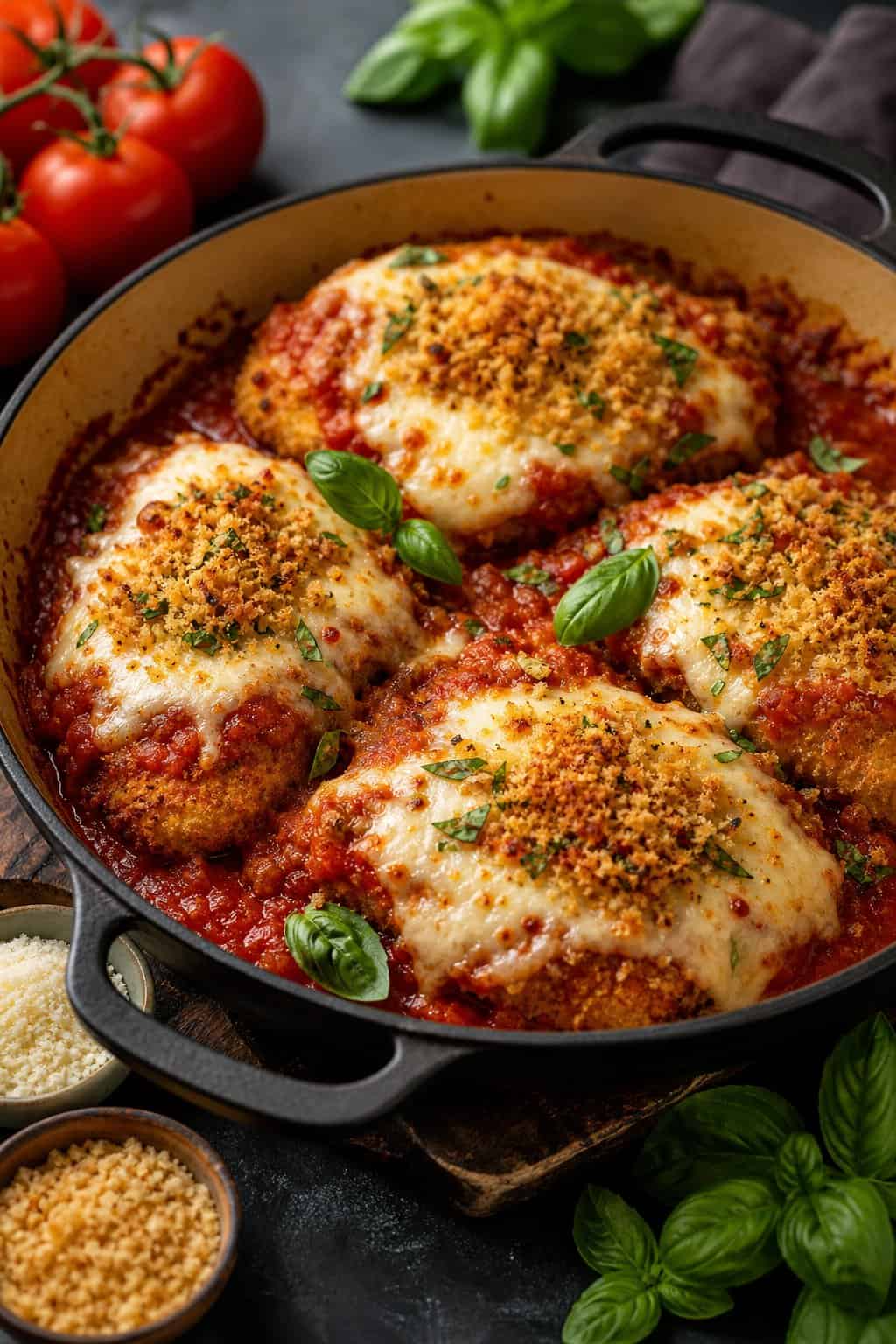 A wide stainless skillet holding four chicken breasts blanketed in bubbling marinara, melted mozzarella, and golden panko breadcrumbs, with a few fresh basil leaves scattered on top.
