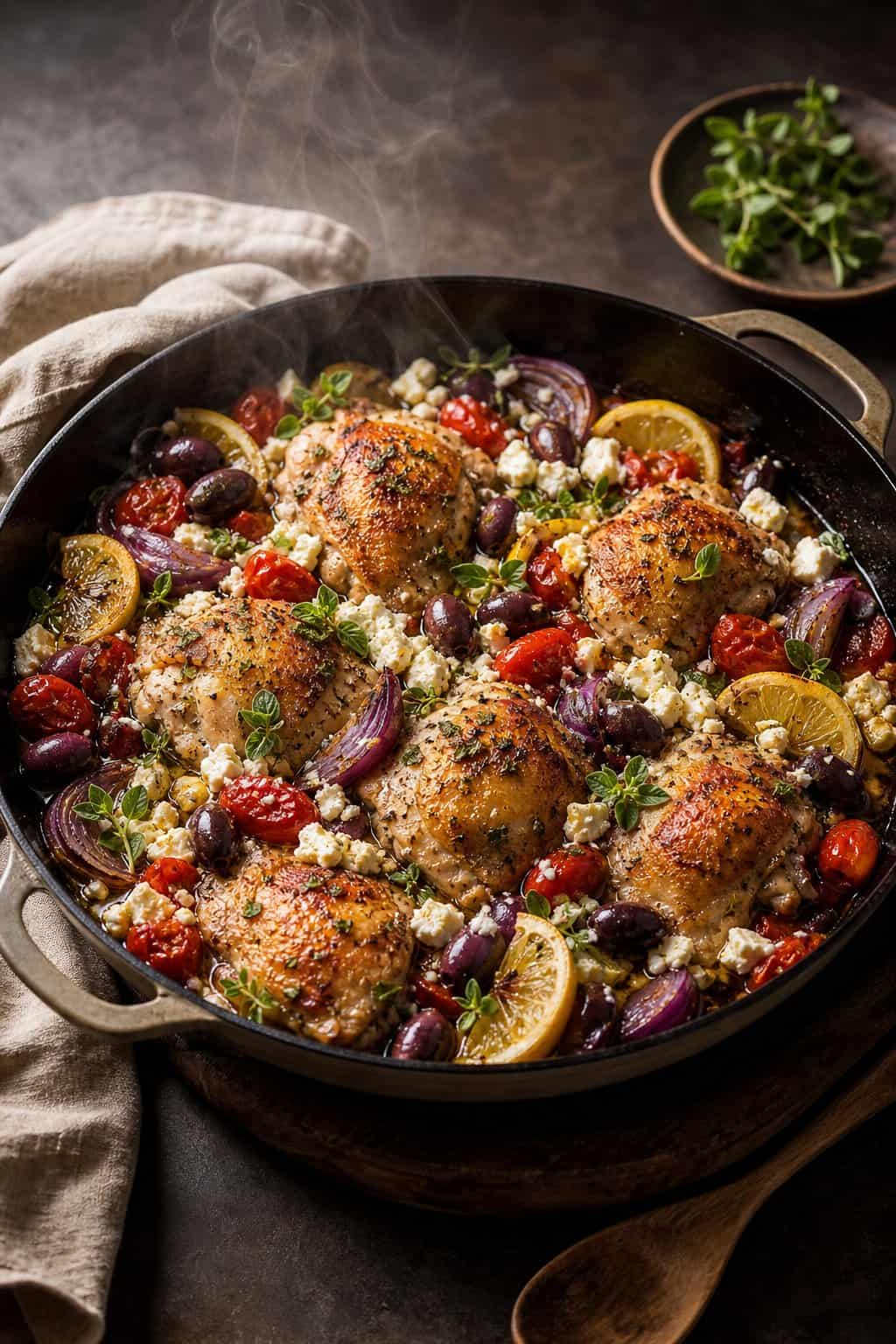 A 12-inch oven-safe skillet with four roasted boneless chicken thighs surrounded by burst cherry tomatoes, dark Kalamata olives, thin lemon rounds, sliced red onion, and a generous crumble of white feta cheese.