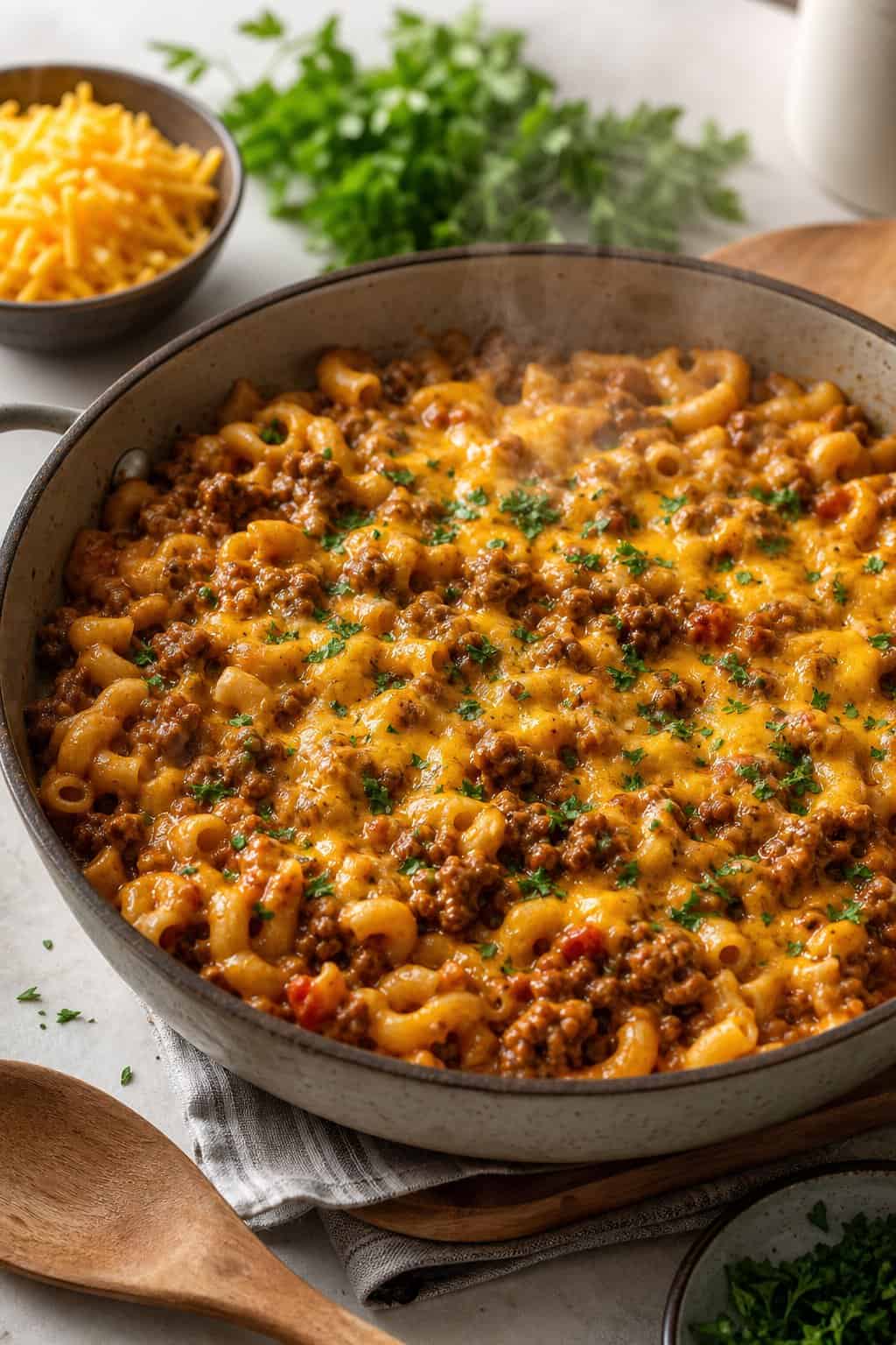 A wide ceramic bowl of creamy elbow macaroni and ground beef topped with a sprinkle of fresh parsley, set on a light wooden kitchen table.