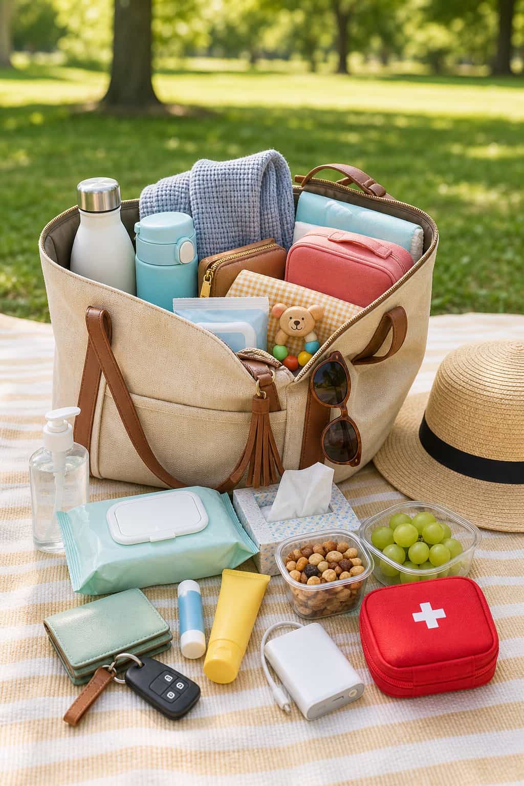 An open canvas tote bag filled with colorful summer outing essentials arranged on a striped picnic blanket in bright afternoon sun.