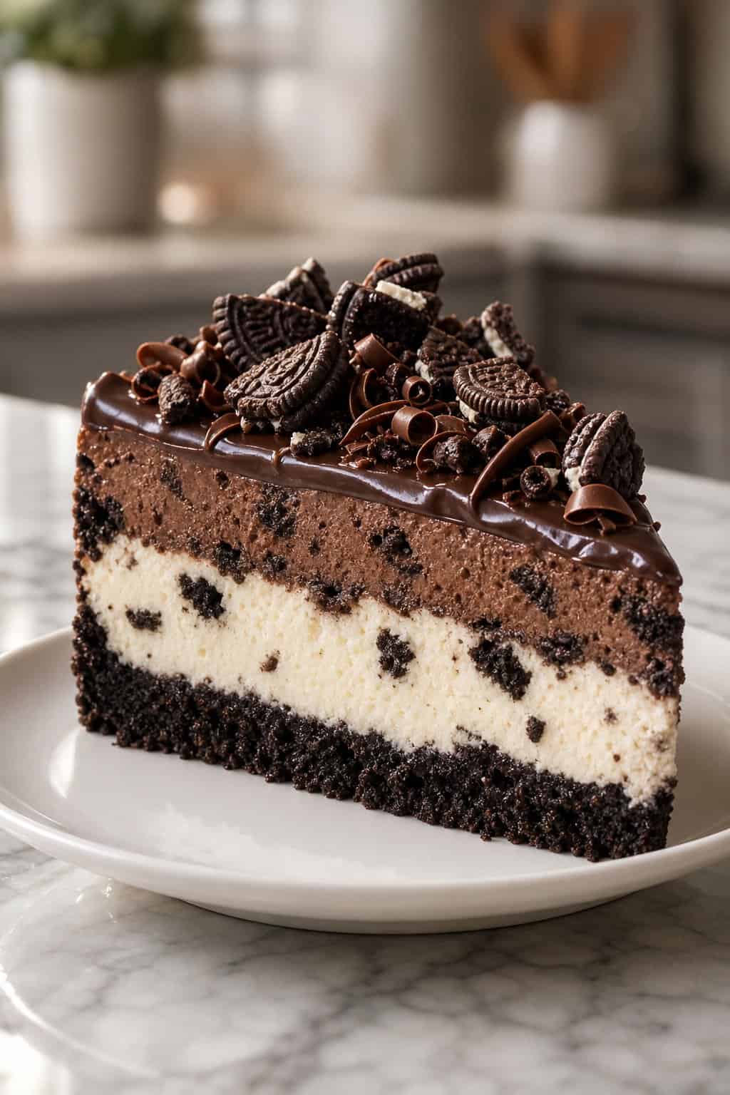 A tall slice of layered chocolate cookie cheesecake loaded with crushed Oreos and a dark chocolate drizzle on a white plate.