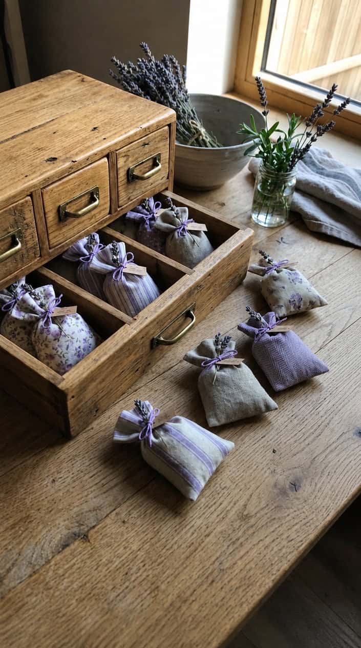 A set of organic lavender sachets displayed next to an open wooden drawer box filled with more sachets on a light wooden surface.