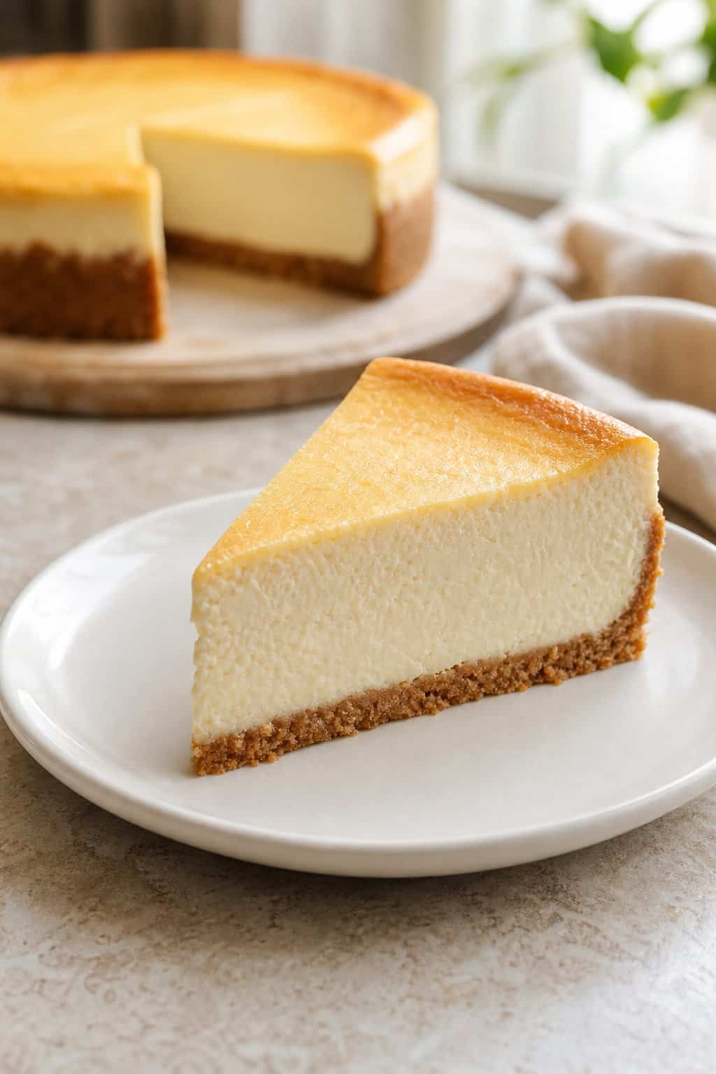 A slice of creamy original cheesecake with a thick golden graham cracker crust plated on a round white ceramic dish.
