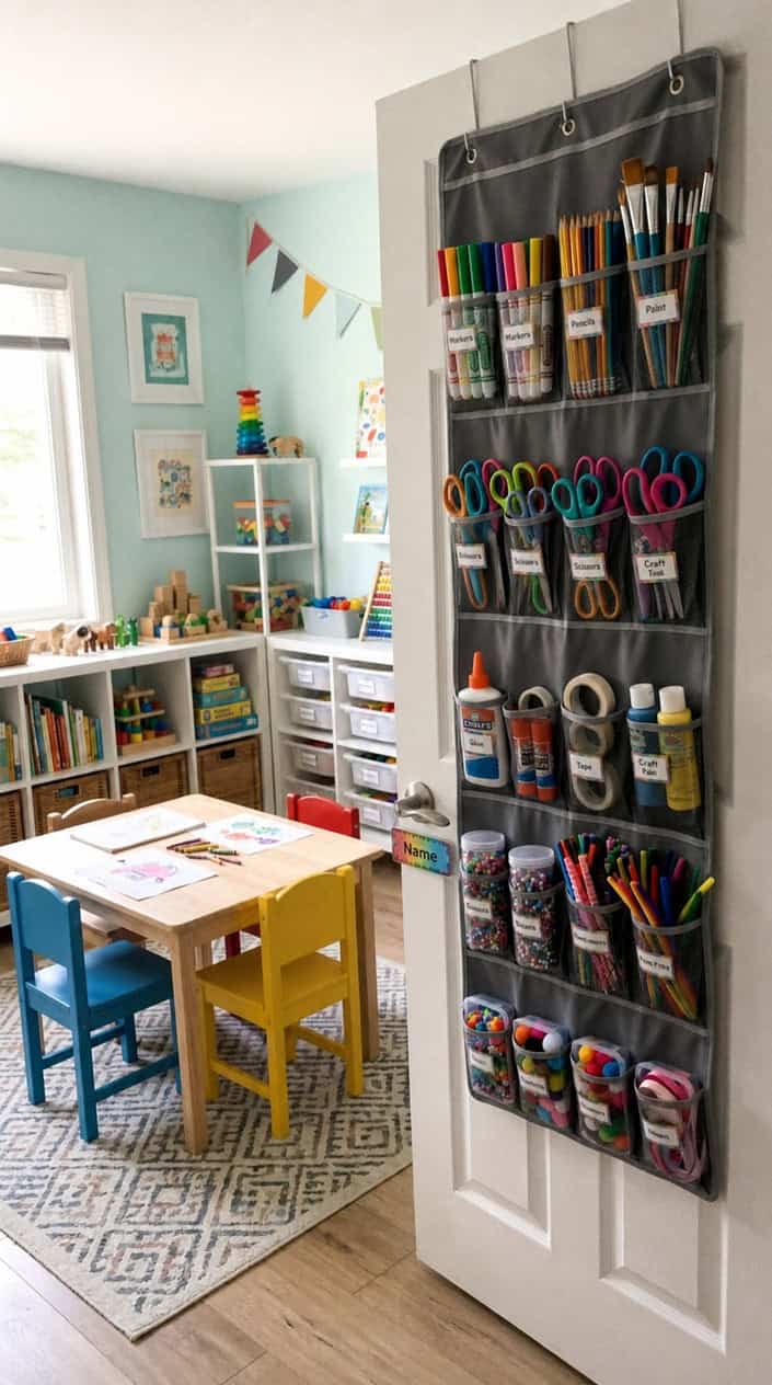 A heavy-duty canvas over-the-door hanging organizer with clear-front pockets holding markers, glue sticks, scissors, and small craft supplies on the back of a white door.