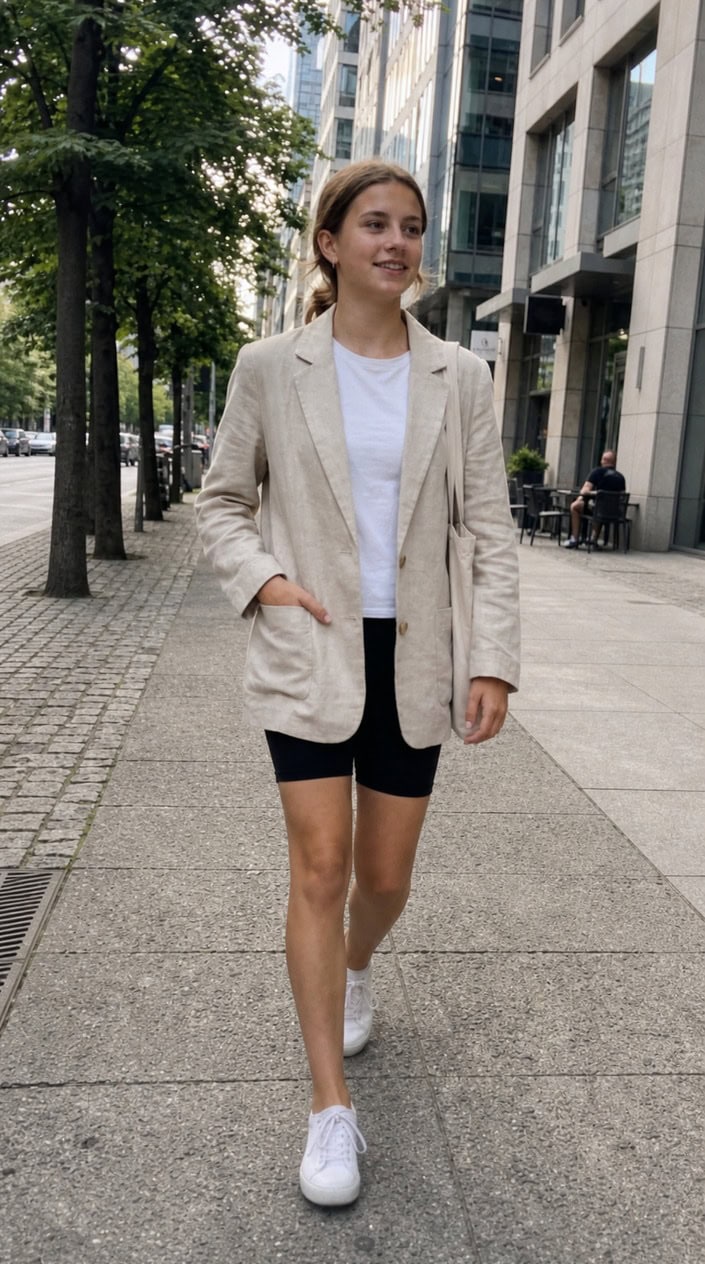Teenage girl standing outdoors wearing an oversized linen blazer and bike shorts on a sunny day.