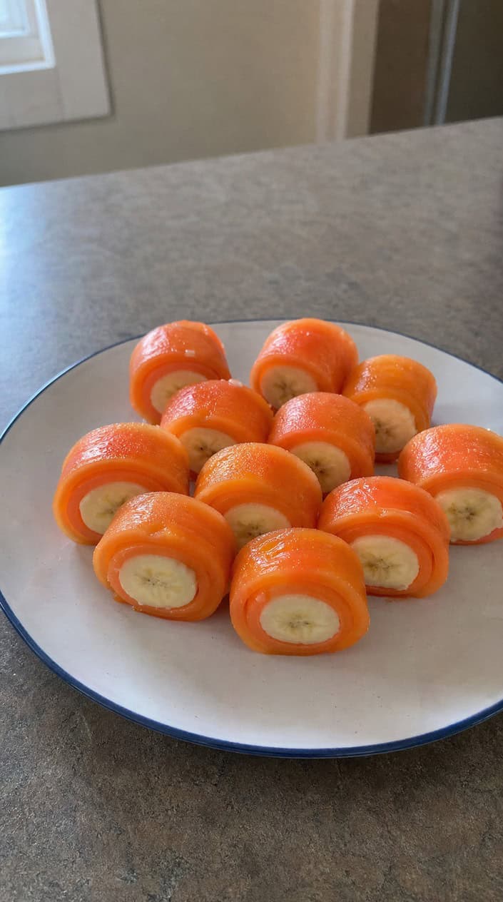 Sliced papaya rolls arranged on a pale wood table with banana filling visible inside, a glass of orange juice blurred in the background.