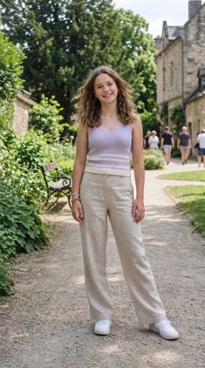 22 Teen Girl Summer Outfits for the Year She Suddenly Cares What She Wears 9 Teenage girl standing outdoors wearing a pastel knit tank top and linen wide-leg pants on a sunny day.