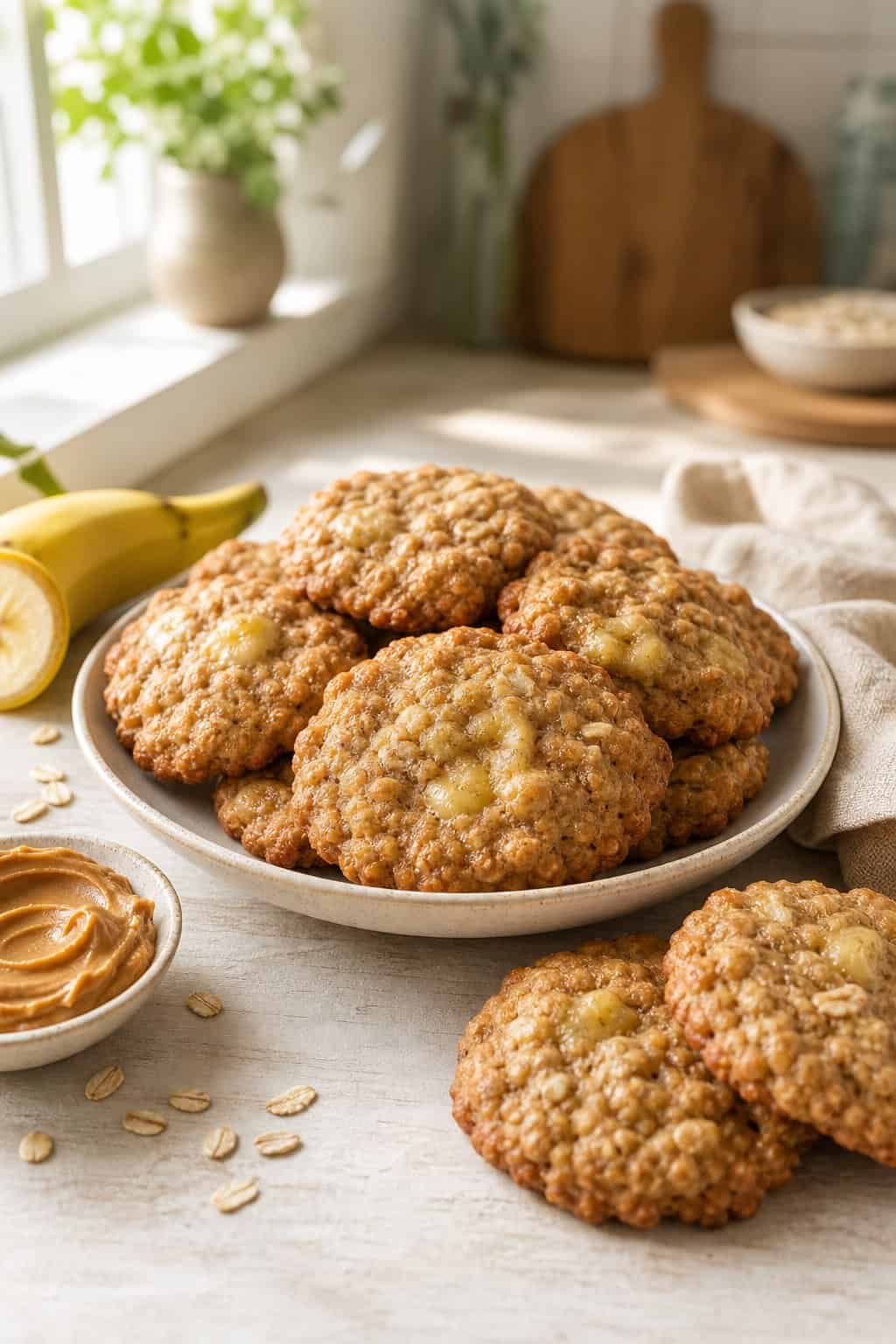 Peanut butter banana breakfast cookies stacked on a speckled ceramic plate with a halved banana, a small bowl of oats, and a jar of peanut butter in a bright kitchen background.