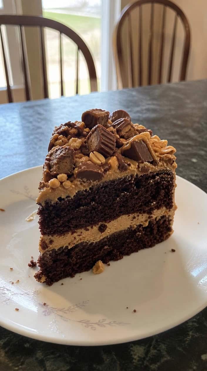 A slice of peanut butter cup crumble cake on a white plate with crushed peanut butter cups on top, set against a softly blurred festive background.